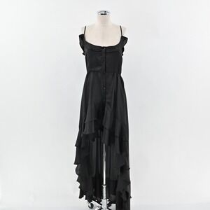 SUKI SO Dress Size S Solid Black‎ Sleeveless Ruffle High Low Button Front Maxi